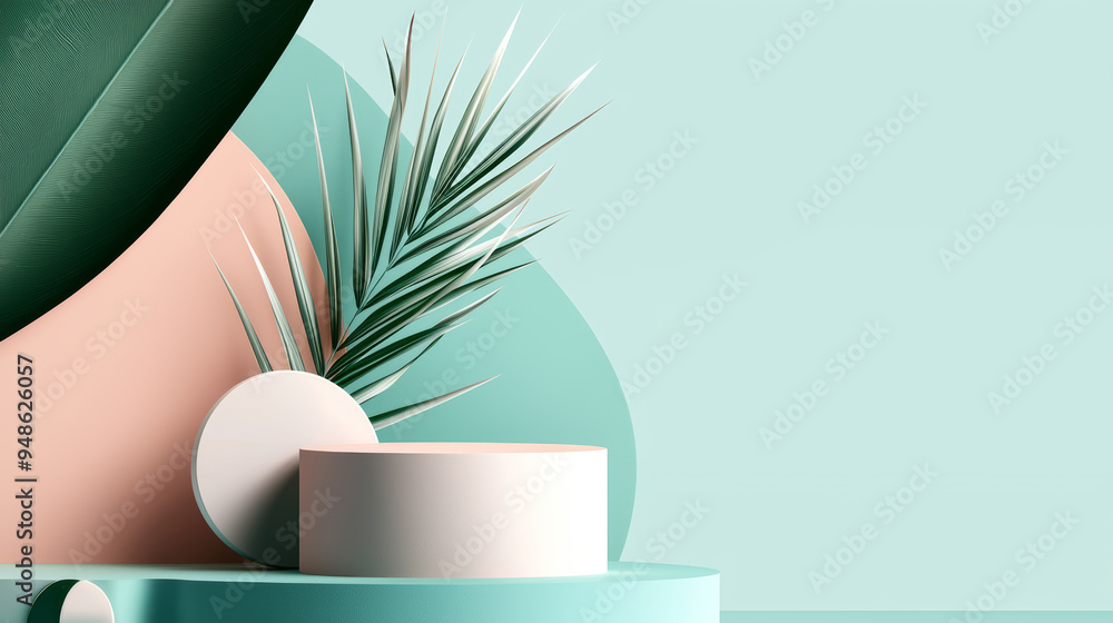 Poster stylish composition featuring modern shapes and greenery on a colorful background, ideal for brandin