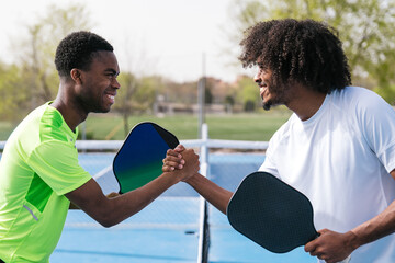 African pickleball players share a handshake across the net after a match. © Koldo_Studio
