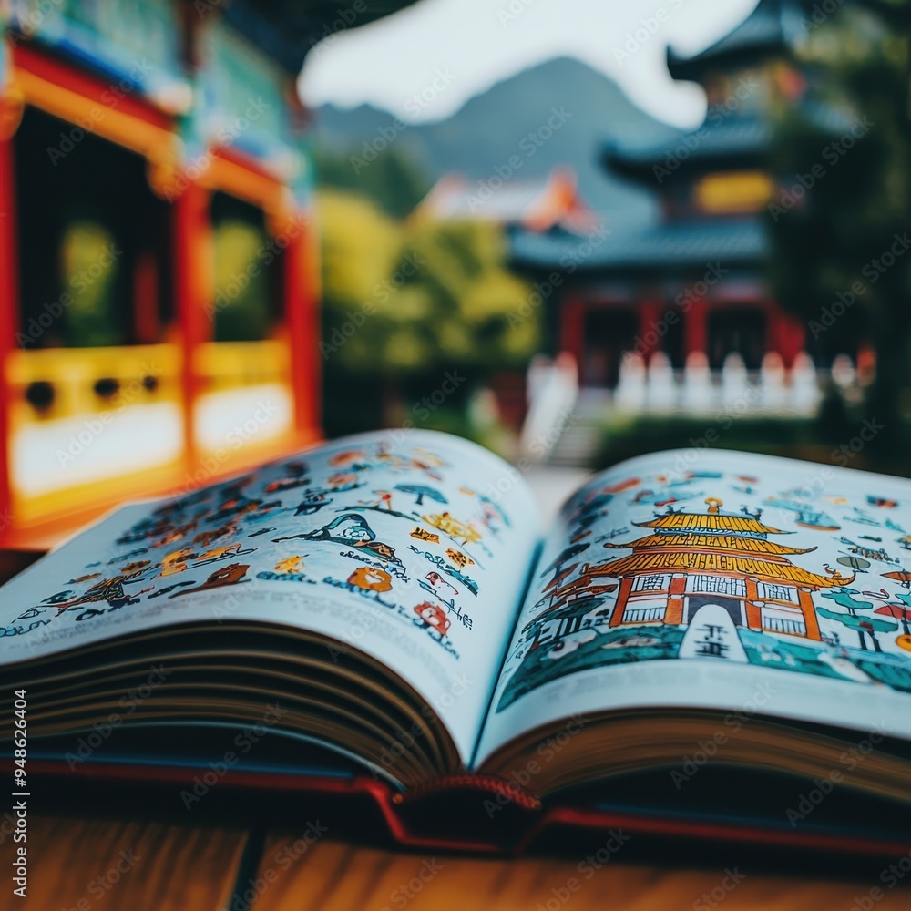 Poster a close-up of an open book with illustrations of diverse cultural symbols, representing global liter