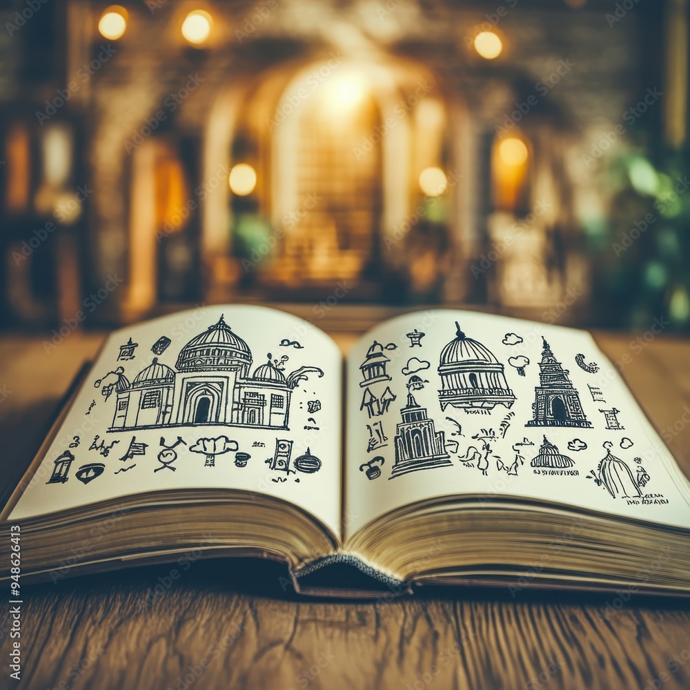 Poster a close-up of an open book with illustrations of diverse cultural symbols, representing global liter