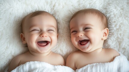 Twin Babies Laughing on a White Blanket