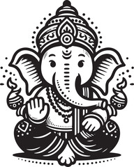 Indian God Ganapati Simple 2D Cute Single Characters with Silhouette Black and White Line Art with Low Details, Indian festival Ganesh Chaturthi black and White Lord Ganesh Character 