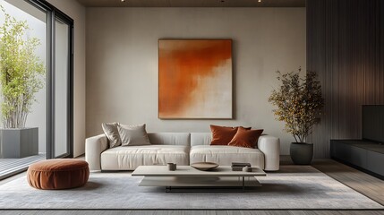 A contemporary living room with minimalist decor, featuring a clean-lined sofa, a simple coffee table, and abstract wall art.