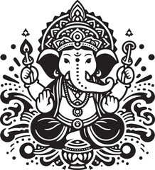 Indian God Ganapati Simple 2D Cute Single Characters with Silhouette Black and White Line Art with Low Details, Indian festival Ganesh Chaturthi black and White Lord Ganesh Character 