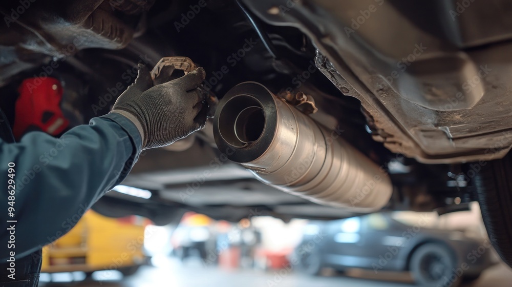 Wall mural mechanic examining car exhaust system