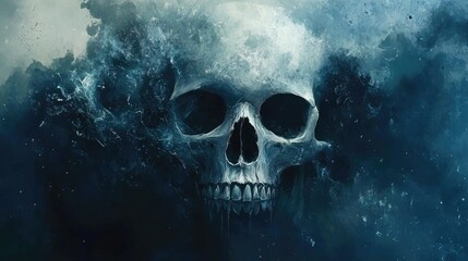 A Glowing Skull Emerges from a Dark, Swirling Mist