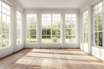 Fototapeta premium Empty High Ceiling Room with White Big Windows, Wooden Floor and White Walls interior design mock up