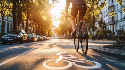 A cyclist on a dedicated bike lane in an urban setting, highlighting sustainable and eco-friendly transportation options.