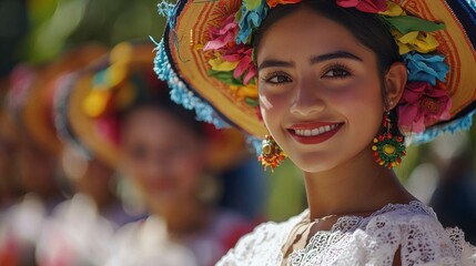 Fototapeta premium Vibrant Portrait of Smiling Hispanic Woman in Festive Floral Hat at Cultural
