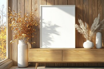 Poster Frame Mockup on Wooden Interior Background created with Generative AI
