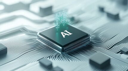 3D illustration of the chip with holographic text "AI" floating above it, with a red color scheme