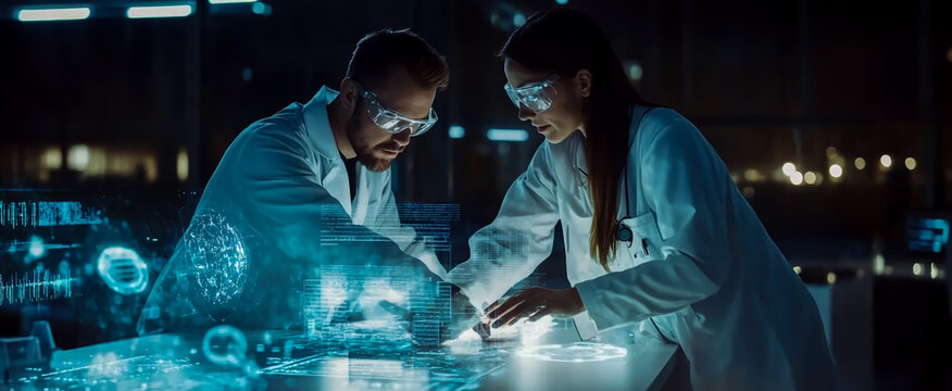 Two scientists in white lab coats, work on an AI model in their night lab