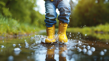 Feet of child in rubber boots jumping over a puddle in the rain