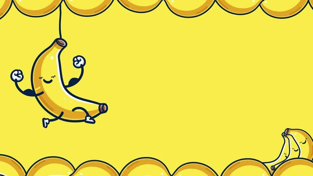 Cute Banana Frame with bicep character 2d looping animation with green screen