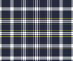 Obraz premium Plaid fabric pattern, navy blue, white, yellow, seamless for textile and design clothes skirt pants apron tablecloth blanket or decoration fabric. Vector illustration.