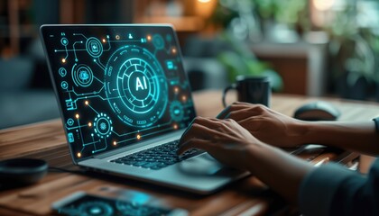 Programmer working on futuristic artificial intelligence interface on laptop in modern office.