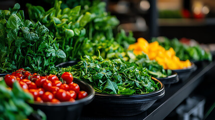 Vibrant display of fresh vegetables including greens and tomatoes in a market setting, perfect for healthy lifestyle imagery.