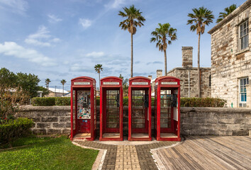 Exposure of Four phone booths at Kings Wharf, with working phones, Royal Naval Dockyard, Bermuda