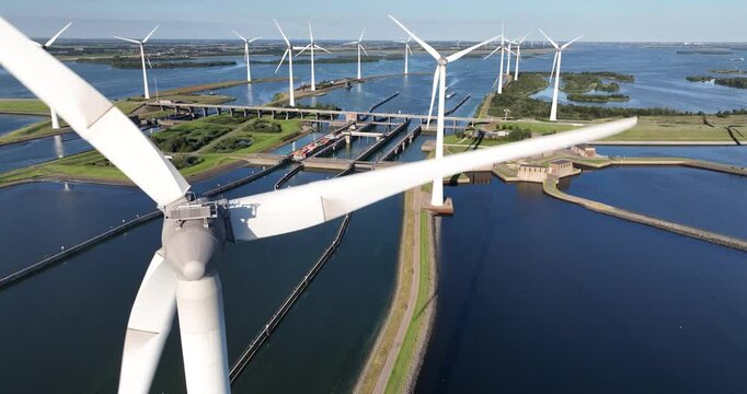 Container ship going through hte Kreekraksluizen, delta works in Zeeland, The Netherlands.