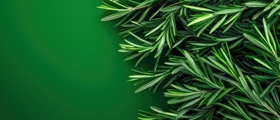 Fototapeta premium Close-up of Fresh Green Rosemary Leaves on a Vivid Green Background