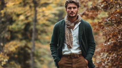 fall fashion inspiration, a stylish man in a green wool cardigan, white shirt, corduroy pants, silk scarf, and leather loafers exudes elegance for autumn fashion