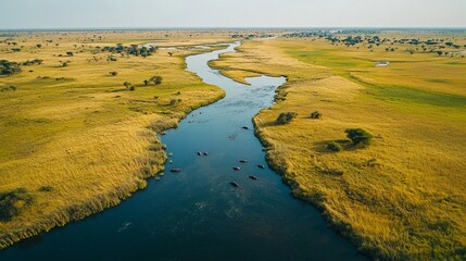 Serene Aerial View of African Savanna River with Hippos in Natural Habitat