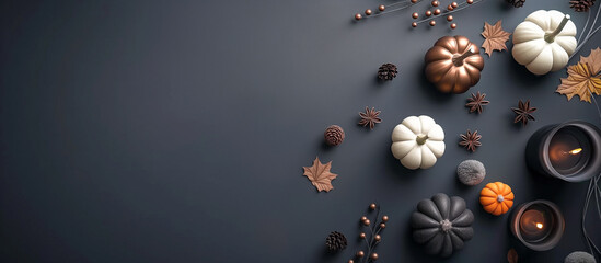 Minimal thanksgiving background with various pumpkin ornament decor