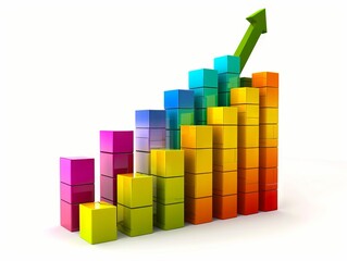 A colorful bar chart with a green arrow going up