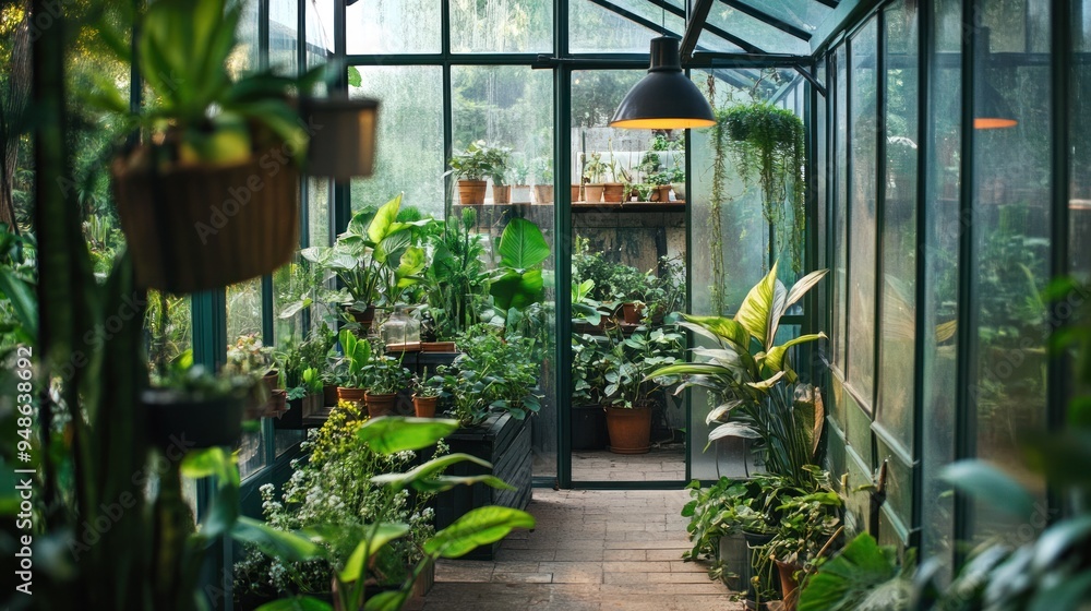 Canvas Prints Greenhouse interior with potted plants and a hanging light.