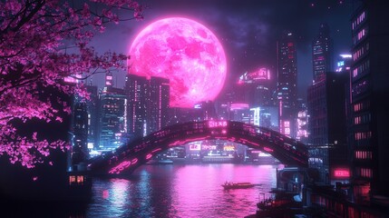 Big pink moon. Moonrise over a cyberpunk city. Futuristic landscape.