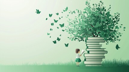 A stack of books growing into a tree, symbolizing education and charity, with a child reading under it. The design is minimalist with a focus on green tones, and space on the side for text