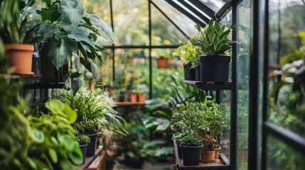 A variety of plants are arranged on shelves in a greenhouse.