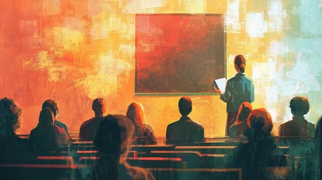 A teacher guiding adult learners in a community classroom, diverse backgrounds, warm and inviting atmosphere. Art style: Inclusive and modern, with a chalkboard background for text