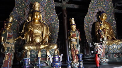 Fototapeta premium golden Buddha statues to pray in buddhism religion, located in ancient chinese tempe in china yungang caves