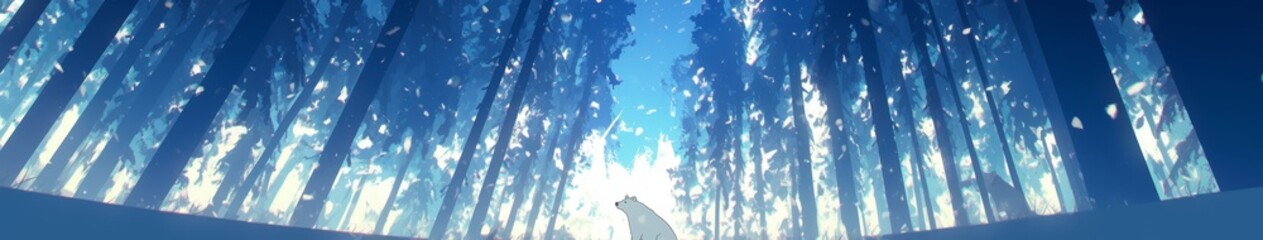 Obraz premium Enchanting Anime-Style Polar Bear in Dreamy Winter Wonderland: Ultra-Wide Angle Close-up for Creative Marketing. Magical Snowy Night Scene with Abstract Light Effects. 4K Artistic UI Background for Po