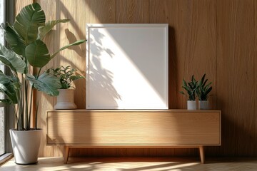 Fototapeta premium Poster Frame Mockup on Wooden Interior Background created with Generative AI