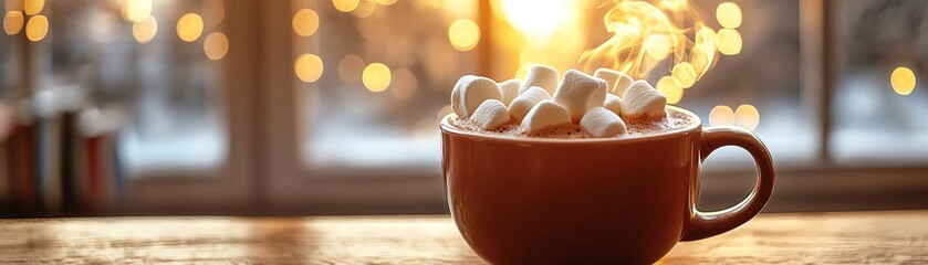 Steaming mug of hot cocoa with marshmallows