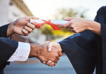 Certificate, closeup and handshake for graduation, celebration and university success outdoor....