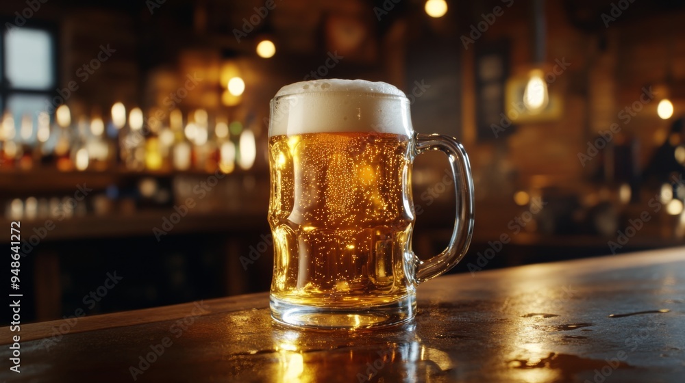 Poster a high-resolution image of a classic beer mug filled with golden beer, with a perfect head of foam, 