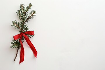Minimalist Christmas background with a single pine branch and a red bow on a white backdrop