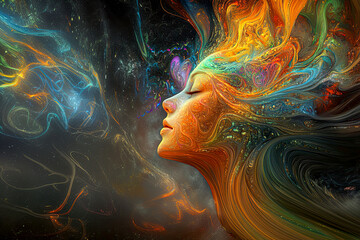 Surreal portrait of a woman's face with vibrant, swirling cosmic energy blending into her hair, symbolizing creativity and imagination against a dark, starry background.