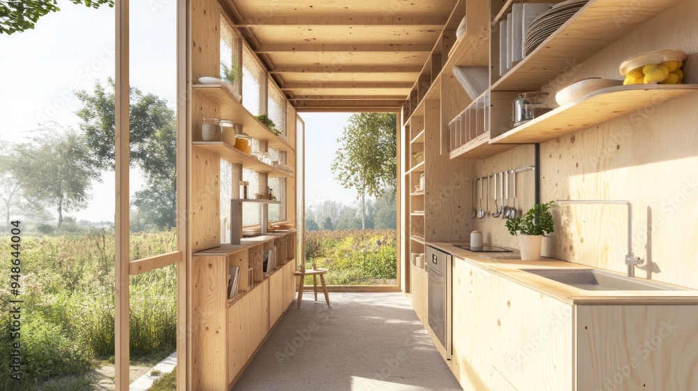 Sticker Modern Minimalist Kitchen with Wooden Walls and Large Windows.