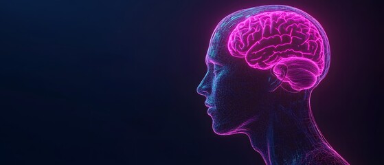 Neon brain and skull illustration.Bright neon illustration of a human brain and skull, blending vibrant pink and blue colors. Represents concepts like creativity, science, and technology in a futurist