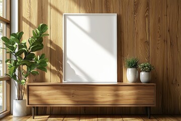 Poster Frame Mockup on Wooden Interior Background created with Generative AI