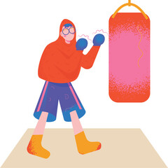 boxer in a gloves and a bag of boxing. boxing bag, boxing gloves. boxing, boxer. boxing gloves. vector flat cartoon illustration on