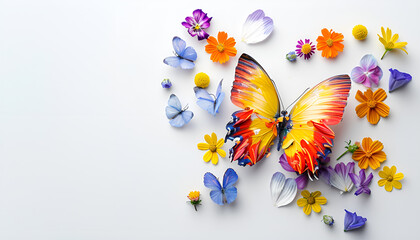 colorful flowers petals butterfly with wings made of petals on white background