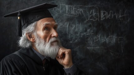 A old man wearing a bachelor's gown is thinking about doing homework with a blackboard background