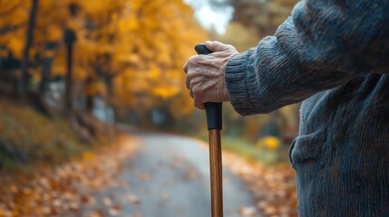 Hands, walking stick and elderly man with disability, rehabilitation support or homecare in retirement
