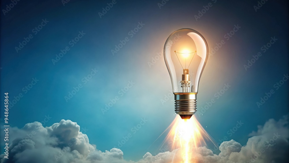 Poster a creative concept of a light bulb flying to the sky like a rocket, captured in a flat lay compositi