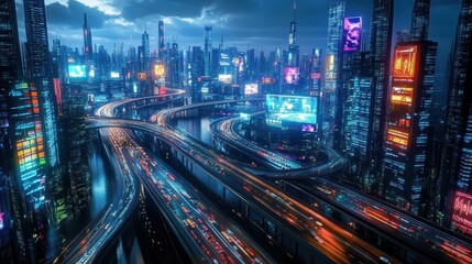 Fototapeta premium Futuristic cityscape with illuminated skyscrapers, busy highways, and vibrant digital billboards under a cloudy sky at night.